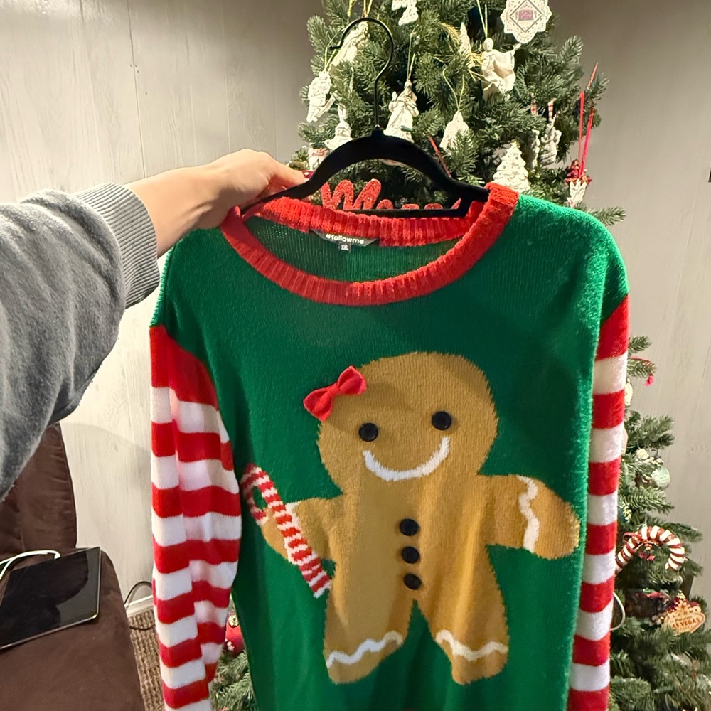 Festive Gingerbread Sweater with Striped Sleeves
